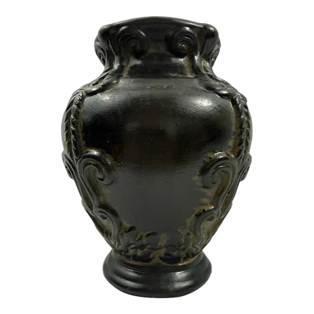 Late 20th Century Black Relief Urn Vase Classical Scroll and Leaf Design Footed For Sale