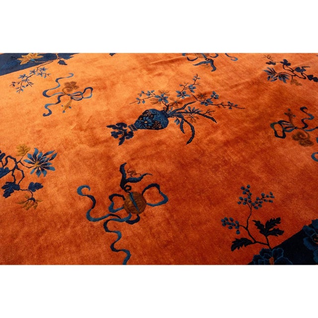 Textile 1920s Antique Orange Vase Floral Buterfly Chinese Handknotted Art Deco Wool Rug For Sale - Image 7 of 9
