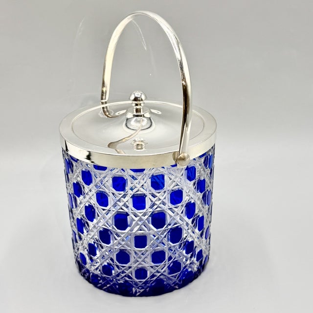 Mid-Century Modern Art Glass Jars with Blue Cut in Clear Crystal Biscuit Barrels with Silver-Plated Mounts, 1950s, Set of 2 For Sale - Image 4 of 18