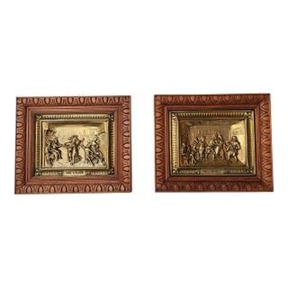 Antique Copper Panels With Relief Scenes Bas-Relief in Embossed Brass Circa 19th Century, Signed Raphael - Set of 2 For Sale