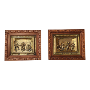 Antique Copper Panels With Relief Scenes Bas-Relief in Embossed Brass Circa 19th Century, Signed Raphael - Set of 2