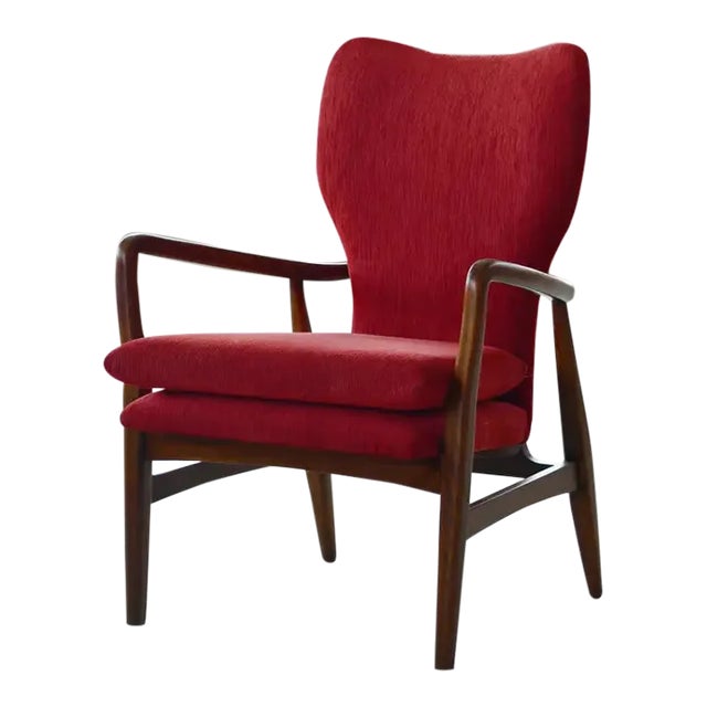 Danish 1950's Lounge Chair With Slim Sculptural Carved Oak Frame For Sale