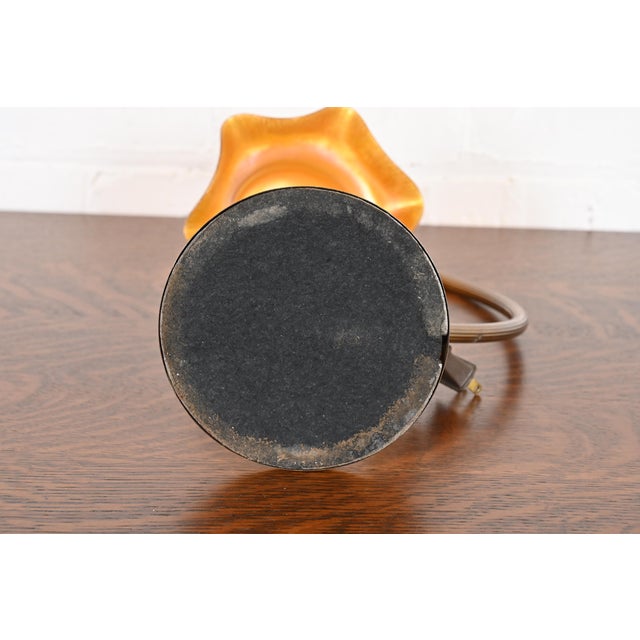 Antique Chase Art Deco Brass Desk Lamp With Quezal Favrile Art Glass Shade, Circa 1930s For Sale - Image 10 of 12