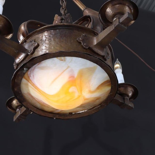 Antique Arts & Crafts Hammered Metal 4 Light Chandelier C1920 For Sale - Image 9 of 9