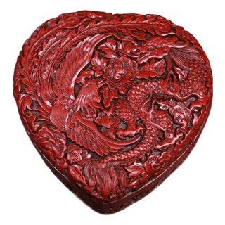 Vintage Chinese Carved Cinnabar Lacquer Heart-Shaped Box, Dragon & Phoenix Among Peonies For Sale