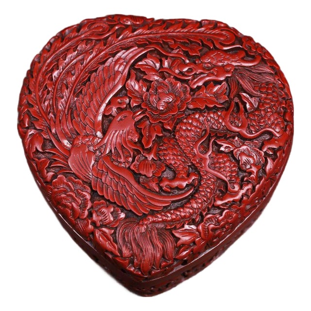 Vintage Chinese Carved Cinnabar Lacquer Heart-Shaped Box, Dragon & Phoenix Among Peonies For Sale