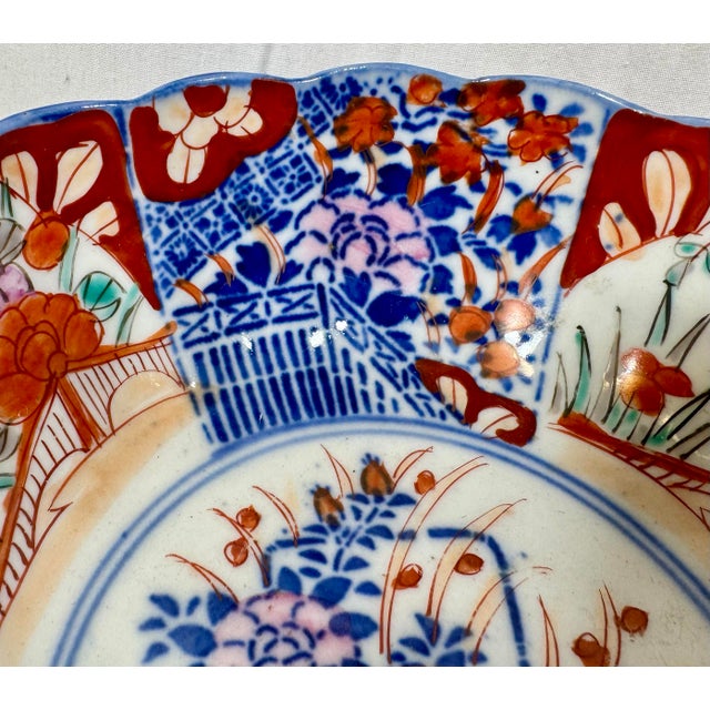 Antique Scalloped Rim Imari Bowl Decorated With Vibrant Floral Patterns in Shades of Pink, Orange & Red From Japan - Circa 1920 For Sale In Dallas - Image 6 of 12