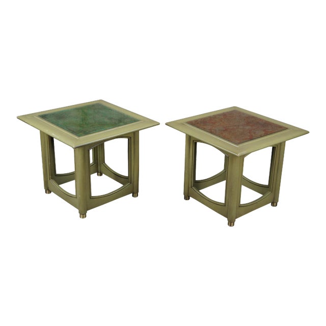 1980s Hekman Distressed Green French Brocade Glass Top Side Accent Tables - Set of 2 For Sale
