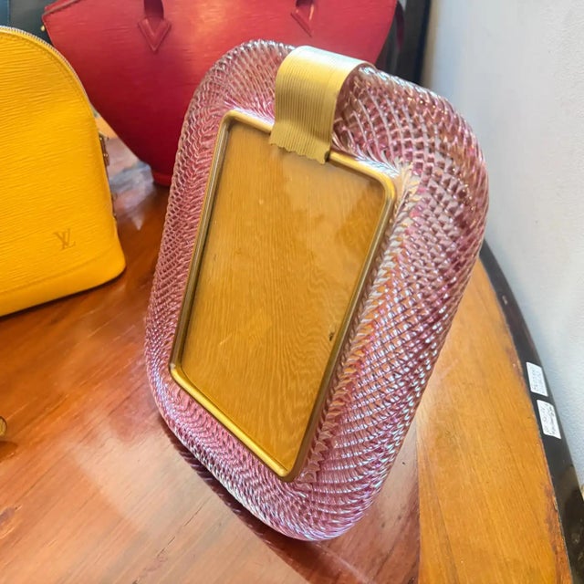 1990s Barovier Style Art Deco Pink Murano Glass and Brass Picture Frame For Sale - Image 12 of 12