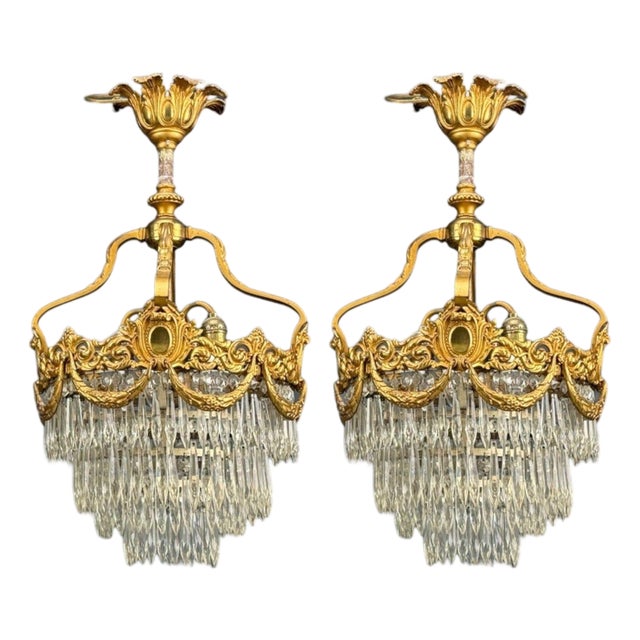 French Louis Xvi, Chandeliers, Dore Bronze, Crystal, France, 19th Century For Sale