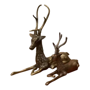 Vintage French Brass Sculptures of Reclining Deer - Set of 2