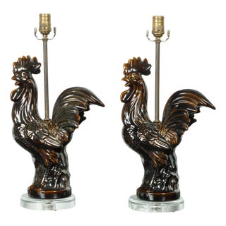 1940s French Pottery Rooster Table Lamp with Dark Brown Patina and Lucite Base - a Pair For Sale