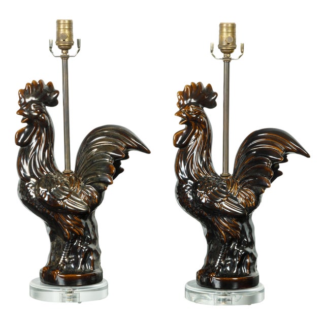 1940s French Pottery Rooster Table Lamp with Dark Brown Patina and Lucite Base - a Pair For Sale