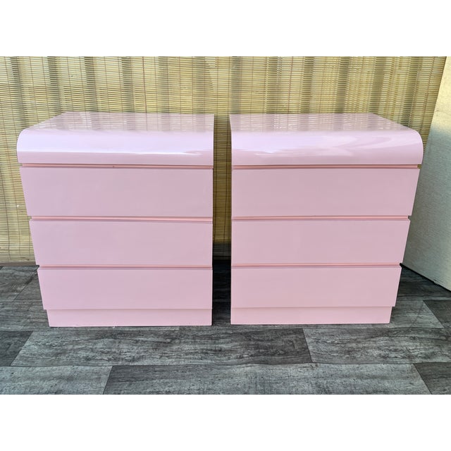 Postmodern A Pair of Custom Made Postmodern Pink Waterfall Formica Nightstands. Circa 1980s For Sale - Image 3 of 18