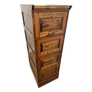 Vintage Tiger Oak File Cabinet Four Drawers One Locks Paneled Sides Legal Size For Sale