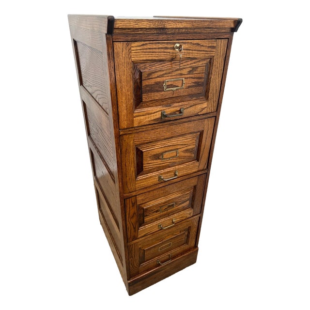 Vintage Tiger Oak File Cabinet Four Drawers One Locks Paneled Sides Legal Size For Sale