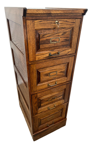 Vintage Tiger Oak File Cabinet Four Drawers One Locks Paneled Sides Legal Size