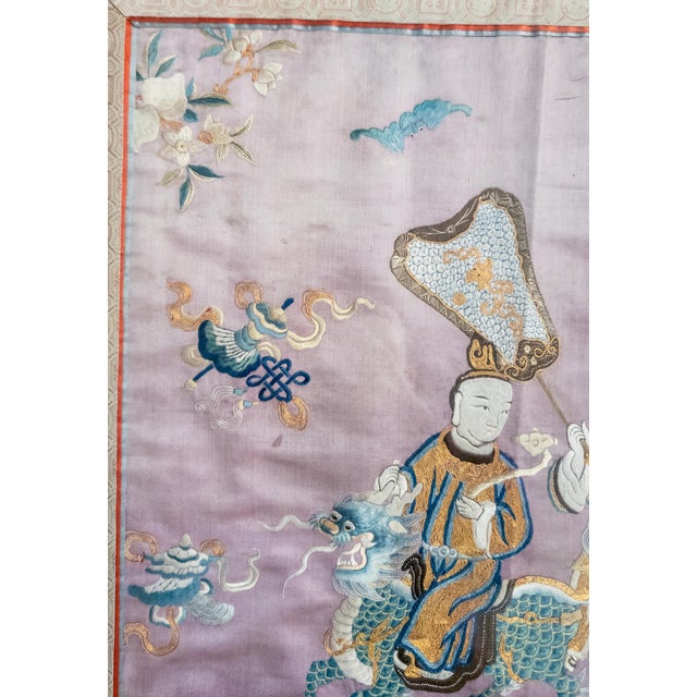 Purple 19th Century Chinese Fine Silk Embroidered Panel With Figures on Purple Ground For Sale - Image 8 of 16