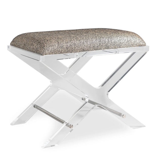 Uber chic clear lucite X shaped accent upholstery--our Delano Bench is the perfect vanity stool and/or designer accent...
