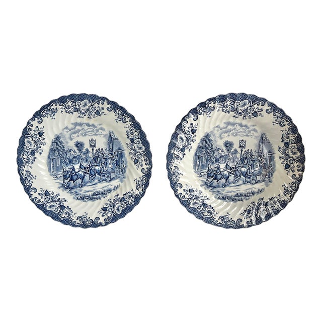 Vintage Johnson Brothers Blue & White "Coaching Scenes" 9.5" Dinner Plates - Set of 2 For Sale