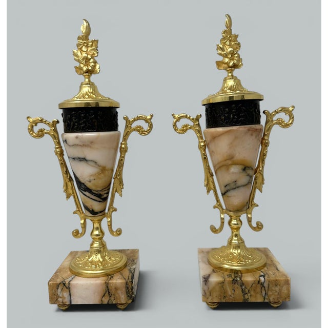 Pair French Regency Styl Giallo Sienna Marble Gilt Bronze Cassolettes Urns Vases For Sale - Image 4 of 10