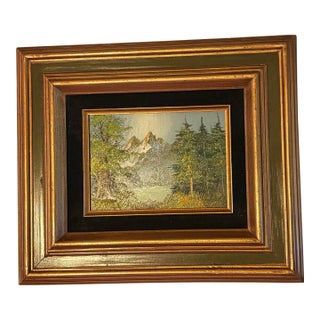 Vintage Mid-Century Modern Mountain Lake Oil Painting Signed Kelly Wood Velvet Frame For Sale