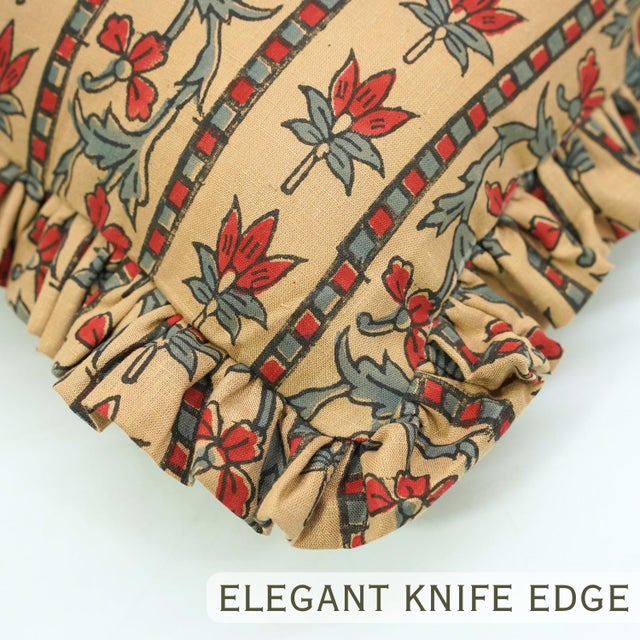 Contemporary Floral Block Print Frill Cushion Cover Handmade Artisan Boho Throw Pillow 20x20 Inch Mhalaxmi For Sale - Image 3 of 6