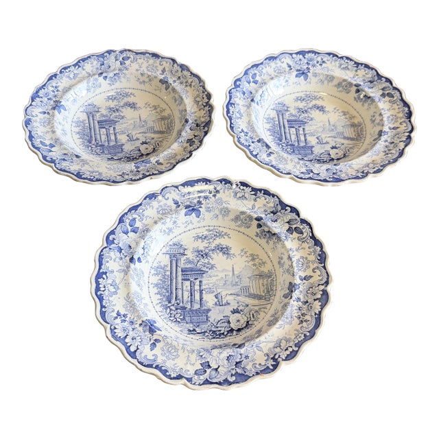 Antique Staffordshire Blue Transfer "Corinthian" Pattern Soup Bowls, Set of Three, Circa 1820s–1840s For Sale