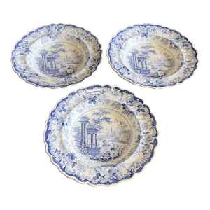 Antique Staffordshire Blue Transfer "Corinthian" Pattern Soup Bowls, Set of Three, Circa 1820s–1840s