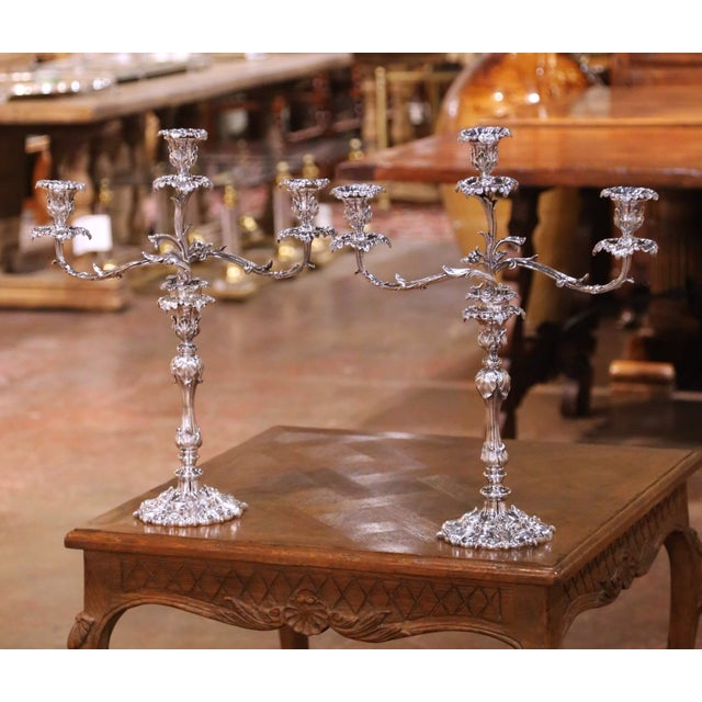 Early 20th Century Pair of French Rococo Style Silver Plated Three-Light Candelabras For Sale - Image 5 of 13