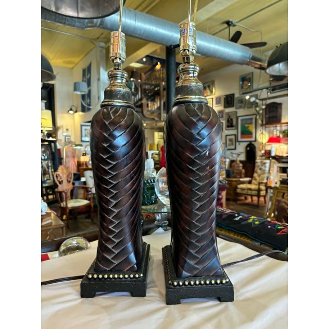 Traditional 1990s Brown Leather Strips Look Table Lamps With Large Stylized Finials - a Pair For Sale - Image 3 of 10