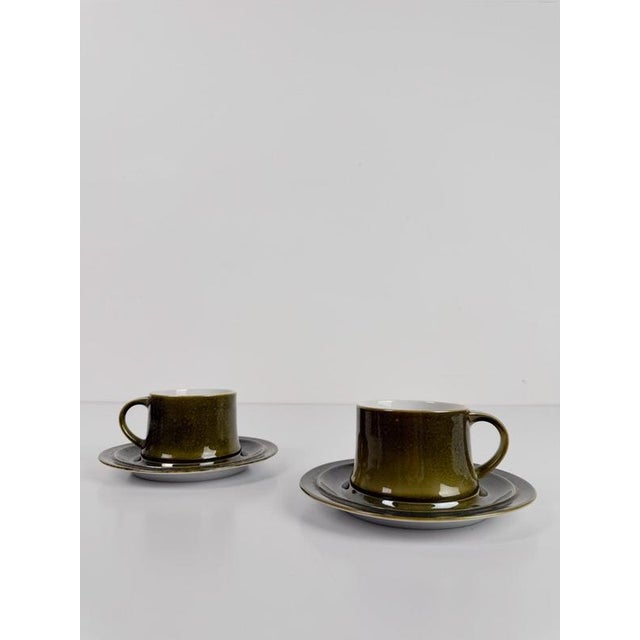 1970s Mid-Century Scandinavian Olive Green Glazed Cups and Saucers, 1970s, Set of 12 For Sale - Image 5 of 18