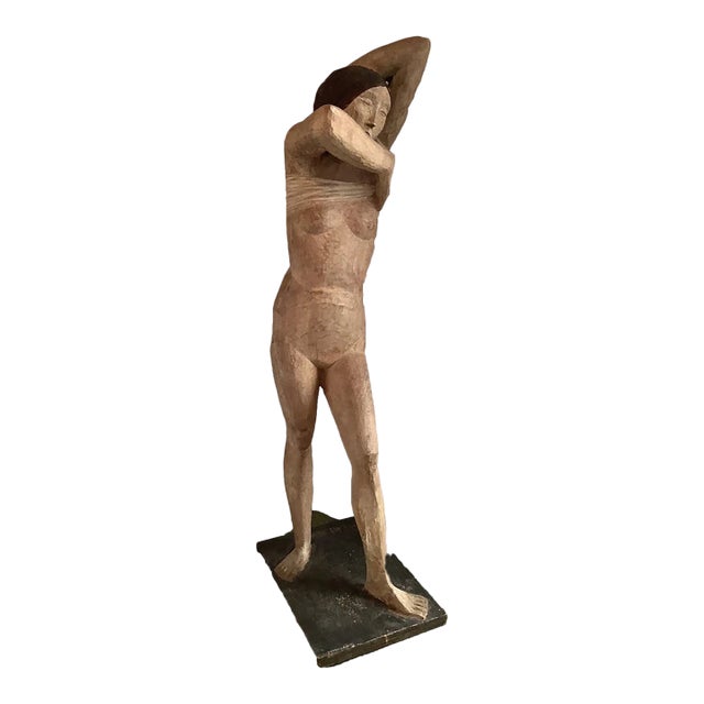 1970s Pierre Merlier Standing Nude, Wood Carved Large Scupture For Sale