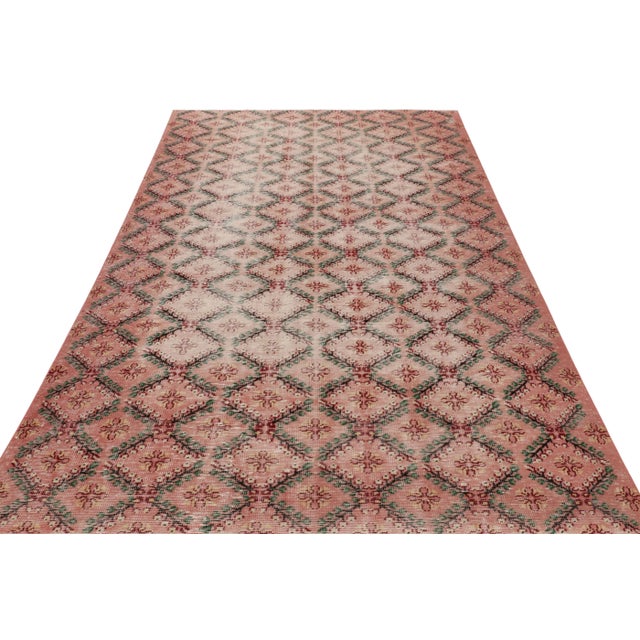 Rug & Kilim Vintage Distressed Rug, Pink and Green Geometric Floral Pattern - Rug & Kilim For Sale - Image 4 of 7