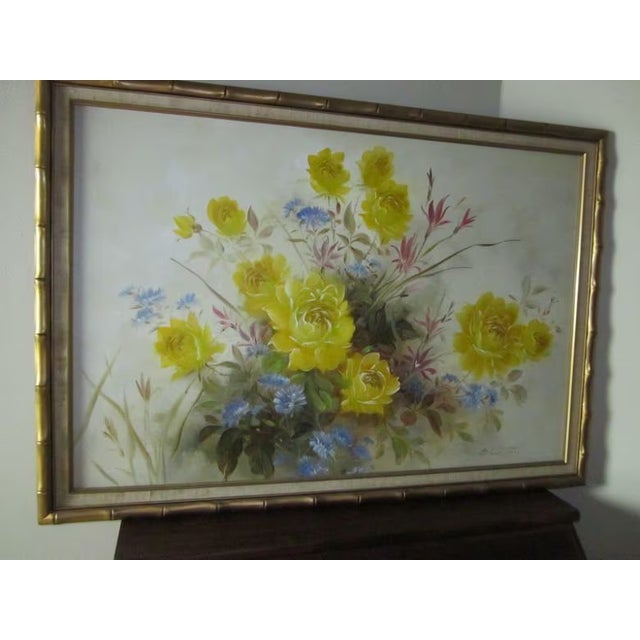 1980s 1980s Gold Frame Art Hanging Picture Home Decor Yellow and Blue Flowers For Sale - Image 5 of 7