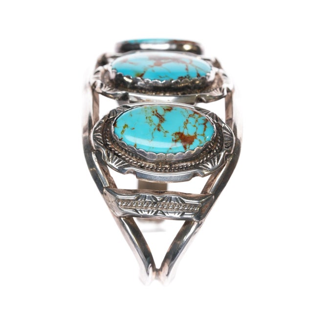 6.75" Vintage Native American sterling 3 turquoise cuff bracelet w/Brown matrix For Sale - Image 4 of 10