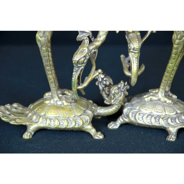 Japanese Gilt Bronze Crane on Dragon Turtle Candlesticks, 19th Century - a Pair For Sale - Image 4 of 7