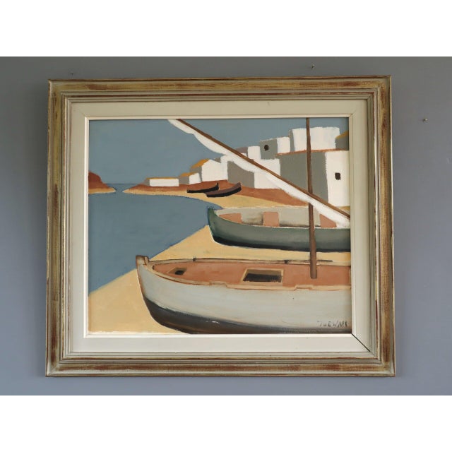 QUIET MOORINGS Size: 20.3 x 23.4 inches (including frame) Oil on board A calm mid-century coastal painting that captures a...