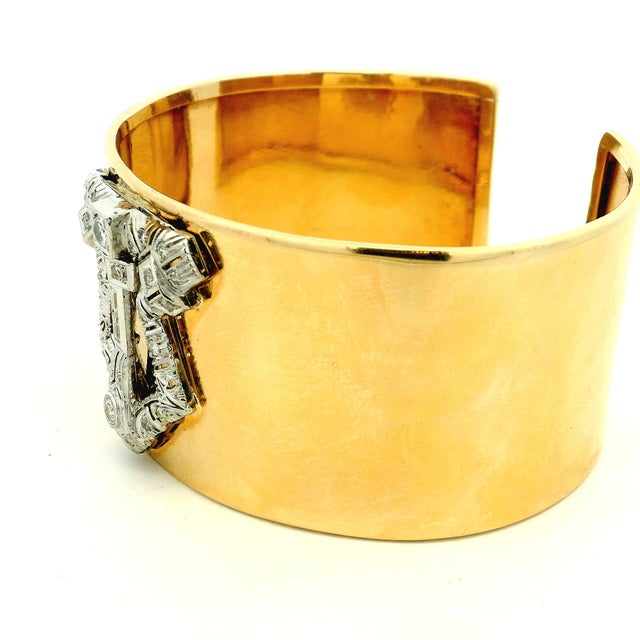 1930s Art Deco Diamond Platinum & 14k Gold Wide Marriage Cuff Bracelet For Sale - Image 9 of 15