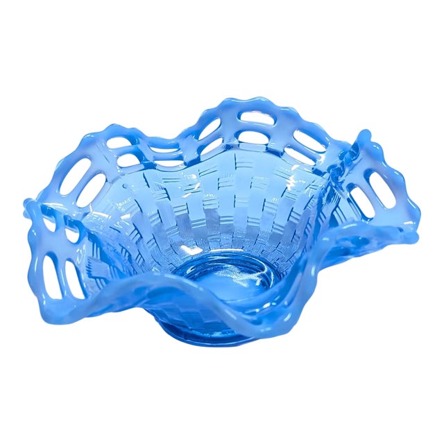 1930s Fenton Art Glass Basket Weave With Open Edge Blue Opalescent Double Crimped Bowl For Sale