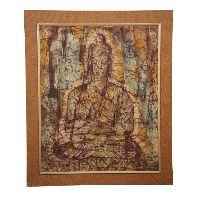 1963 Sitting Buddha Painting on Silk Burlap, Framed, Fukazen & Co For Sale