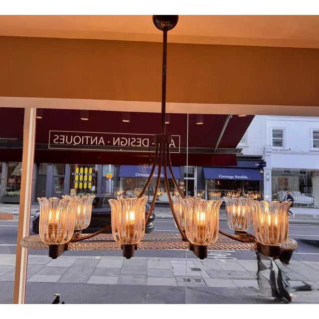 Brass-Mounted Horizontal 8-Arm Chandelier attributed to Ercole Barovier, 1930s For Sale - Image 4 of 11