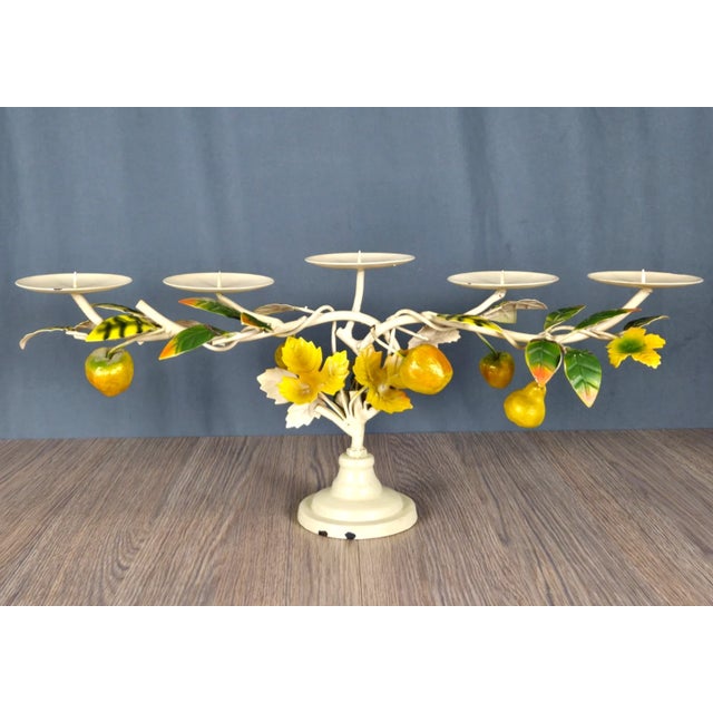 Late 20th Century Late 20th Century Tole Hand Painted Metal & Iron Candle Holder, Pears Apples Grapes For Sale - Image 5 of 11