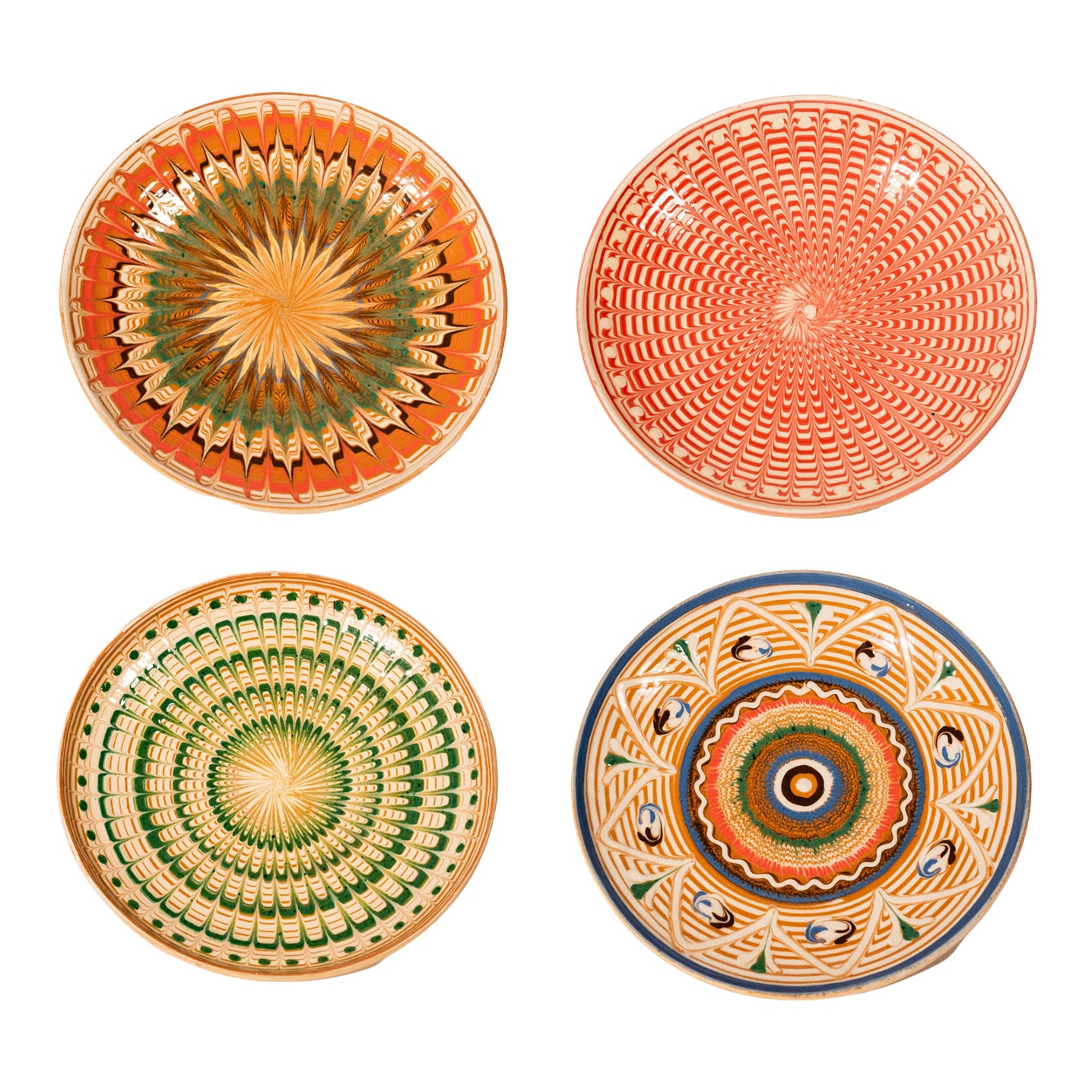 Contemporary Hand Painted Ceramic Decorative Plates Set of 4, Horezu Unesco Heritage Ceramics