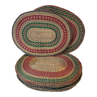 Vintage Boho Sweet Grass Woven Placemats Handmade Red Green Cottagecore Decor - Set of 12 For Sale