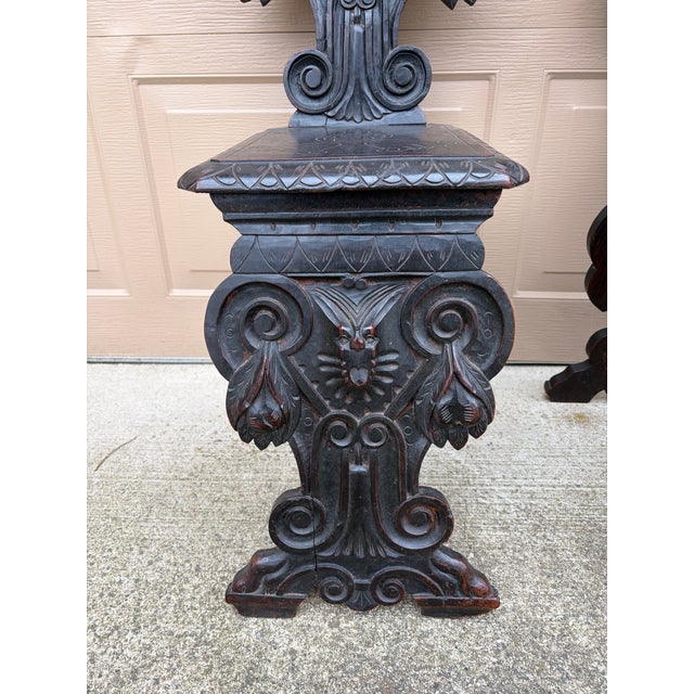 Pair of Italian Renaissance Revival Carved Walnut Hall Chairs For Sale - Image 9 of 14
