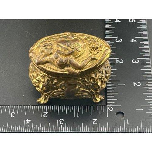 Antique Brass Cherub Jewelry Casket Footed Trinket Box Art Nouveau Figural Putti For Sale - Image 13 of 18