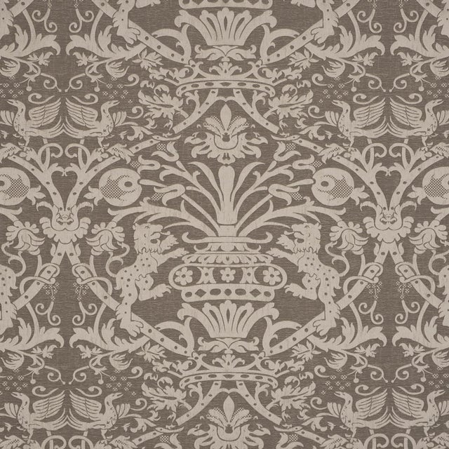 Schumacher Dougal Damask Fabric In Smoke For Sale