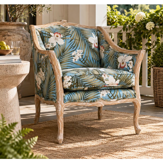 Beige Late 20th Century–Early 21st Century Branch-Form Carved Wood Bergère Armchair With Tropical Upholstery For Sale - Image 8 of 8