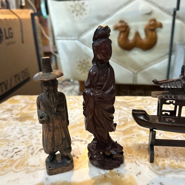 Asian Vintage Instant Collection of Wooden Asian Figures and Ship on Stand- Set of 6 For Sale - Image 3 of 8